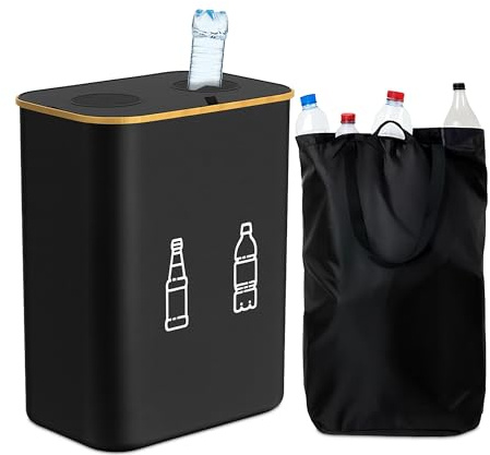 Relaxdays Bottle Recycling Bin 160L with 2 Bags, Glass & Plastic Collector, 75x57x37 cm, Black