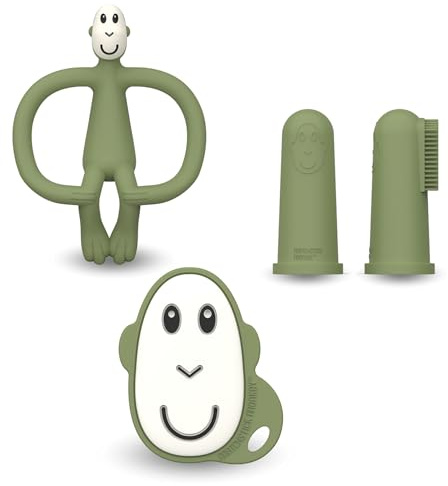 Matchstick Monkey Zahnungs Starter-Set – Flacher Beißring, Tier-Beißring & 2 Silikon-Fingerzahnbürsten, BPA-frei, Förderung der Feinmotorik, ab 3 Monaten, Geschenkset, Olivgrün