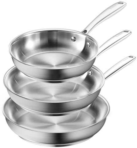 Redchef Set de poêles en acier inoxydable non revêtu, set de poêles à induction, poêle sans PFAS, poignée en acier inoxydable, poignée rivetée adaptée à tous les types de cuisinières