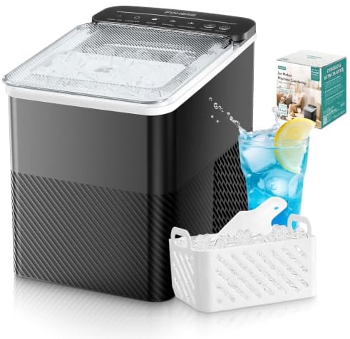 FOHERE Eiswürfelmaschine Klein, Ice Maker mit Selbstreinigung, 2 Größenwahl | 14 kg/24h, 9 Eiswürfel in 5 Min, Geriffeltes Design, Großer Sichtdeckel, inkl. Schaufel & Korb, für Küche, Büro, Bar, Party
