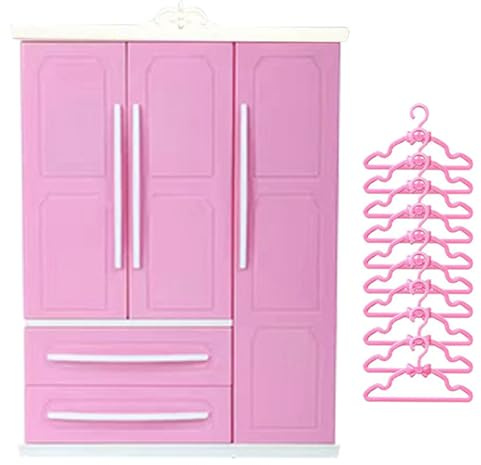 Armadio per bambole con 3 ante e 2 cassetti, 7x10x3 mobili per casa delle bambole con 10 grucce, miniature fai da te per sistemare i vestiti
