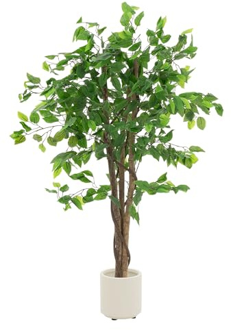 ML-Design Konstgjord Ficus 120 cm Realistisk konstväxt i naturlig storlek med äkta trästam i kruka Dekorativ konstgjord krukväxt för inomhus och utomhus Lättskött plastträd för vardagsrum kontor