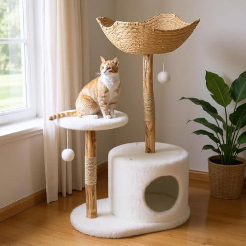 43 Tall Multi-Level Real Wood Cat Tree Tower with Large Basket, Scratching Posts and Real Branch Design, Dangling Ball, and Extended Platform for Cats to Play and Sleep