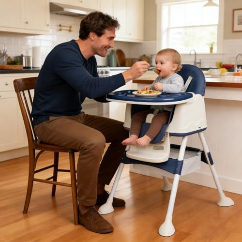 Verdego Hochstuhl Baby, Kinderhochstuhl 3 in 1 mit Doppellagigem Essteller und Spielzeugregal, Pflegeleicht, Babystuhl, 5 Punkt Gurt, Kombihochstuhl, Mitwachsend ab 6 bis 36 Monate, Blau