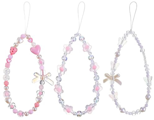 Gsbnjuy 3 Pcs Beaded Phone Wrist Straps Phone Camera Charm Cute Butterfly Bow Flower Lanyard Bracelet Aesthetic Lanyard Keychain Wristlet for Cellphone Bag Keychain Decor Accessories Valentine