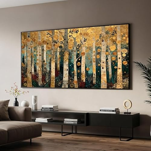 TONGYINLI Tableau sur toile « Forêt de bouleaux » de Gustav Klimt, art mural abstrait moderne, affiches et impressions « Arbres dorés », art de paysage naturel (80 x 150 cm/sans cadre)