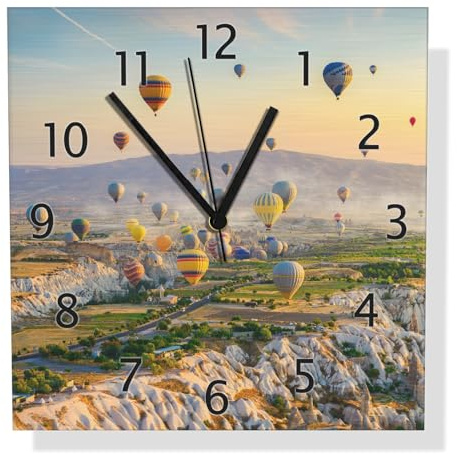 Wallario Design Wanduhr Heißluftballons über Felsenlandschaft aus Aluverbund, Alu-Uhr Größe 30 x 30 cm, Schwarze Zeiger mit Metalloptik