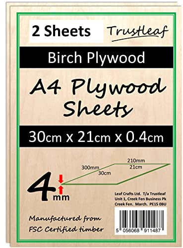 Madera contrachapada de abedul de 4 mm A4-300 x 210 x 4 mm - Paquete de 2 - Capa de pegamento E1 de bajo humo para láser...
