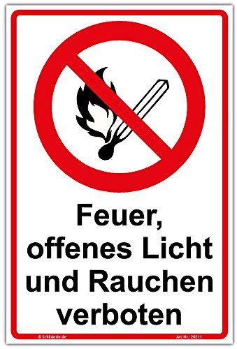 Schild Feuer, offenes Licht und Rauchen verboten Hinweisschild 300x200 mm Hochformat, stabile Aluminiumverbundplatte 3mm stark - inkl. 4 Eckbohrungen