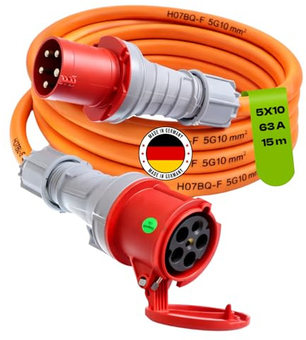 Starkstromkabel 63A 15m H07BQ-F 5x10 Starkstrom Verlängerungskabel CEE Verlängerung 63 Ampere Kabel 5x10mm2 Baustelle Werkstatt Industrie Geeignet Outdoor IP44 Spritzwassergeschütz