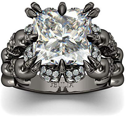 Jeulia Damen Schwarz Prinzess Schliff Sterling Silber Schädel Ring Herren Ring mit Stein Groß Rundherum 925 Silber Schmuck Geschenk für Frau herren Mädchen (Weiß, 60 (19.1))