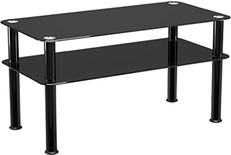 mahara Table basse en verre noir – Table d'appoint fine avec étagère et pieds en aluminium noir – Petite table de 80 x 40 x 41,5 cm (l x P x H)