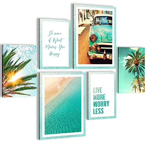 Novart Wandbilder Set Strand Paradise Blau - KEIN EXTRA RAHMEN BENÖTIGT - Modern Deko - Wohnzimmer Schlafzimmer N014463a