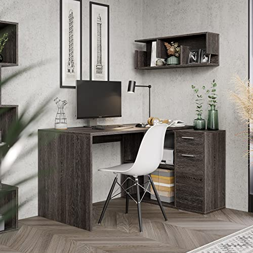 RICOO Eckschreibtisch Holz 83-VW, Schreibtisch in L-Form, 136×101×75 cm, Winkelschreibtisch mit Regal & Schubladen, Computertisch mit Stauraum, Bürotisch für Arbeitszimmer, Vintage Wenge