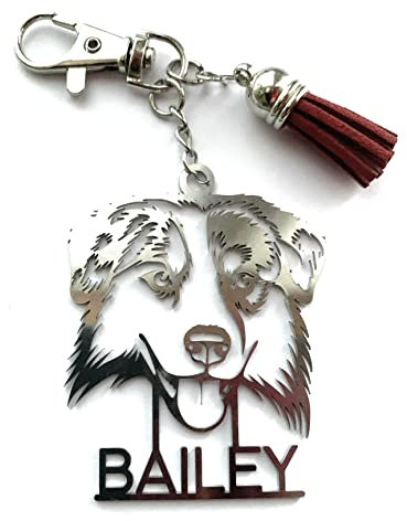 Berger australien, Personnalisé nom, Porte-clés chien en acier inoxydable, Cadeau des anniversaire, Cadeau pour lui, elle, Prénom porte clef de sac, Personnalisable, Custom keychain, Étiquettes de nom