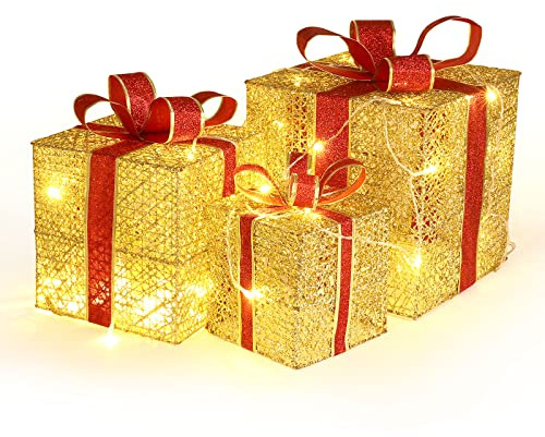 Scatola Regalo Regali Natale GWHOLE Set di 3, Scatole Regalo con Luci a LED Giallo Calde Pacchi Natalizi con Orpelli e Fiocco per Decorazioni Natalizie