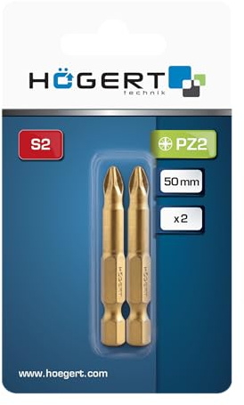 HÖGERT TECHNIK – PZ2 Schrauberbits 50 mm, 2 Stück, S2-Stahl, TiN-beschichtet, Slim-Profil, rutschfest, 1/4 Sechskantschaft, DIN 3126, für Akku- & Netzschrauber