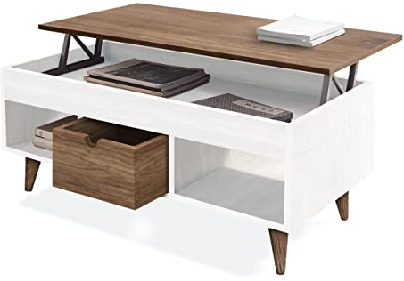 HOGAR24 ES Hogar 24 Atelier Mesa Centro Elevable Madera Maciza Natural, Combinado Color Blanco y Madera, 100 cm x 50 cm x 47 cm