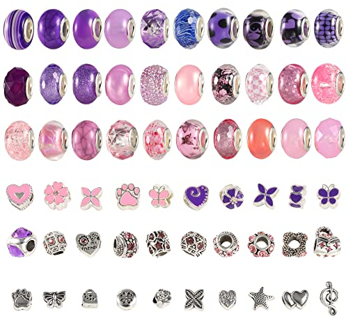ALEXCRAFT Großen Löchern Perlen Zum Auffädeln, 60 Stück Runde Groß Glasperlen Set für Schmuckherstellung Charm Armbänder DIY, Perlen zum Auffädeln Geschenke für Mädchen Kinder Freundschaft (Rosa/Lila)