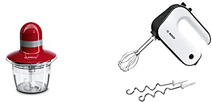Bosch Electroménager MMR08R2 Hachoir, 400 W, 0.8 liters, Rouge & MFQ4020 – Batteur à main polyvalent avec fouets et crochets pétrisseurs – Puissance de 450 W – Couleur : Anthracite/Blanc