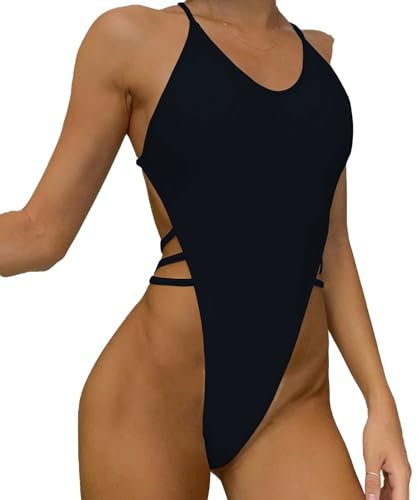 Faringoto Maillot de bain sexy pour femme String une pièce, Noir , M