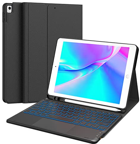 CHESONA Étui pour iPad 9e génération avec clavier, rétroéclairage 7 couleurs, pavé tactile multi-touch, porte-crayon intégré, 2 canaux Bluetooth, étui à rabat avec clavier pour iPad 9e/8e/7e