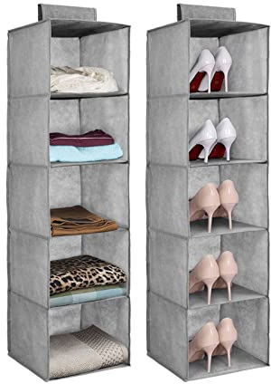 YORKING 2PCS Hanging Wardrobe Storage Organiser 5 Tier Hanging Shelves 27 x 27 x 100cm Cupboard Wardrobe Closet Storage Shelves Drawer Shelves Bedroom Storage Solutions for Shoes Clothes Gray
