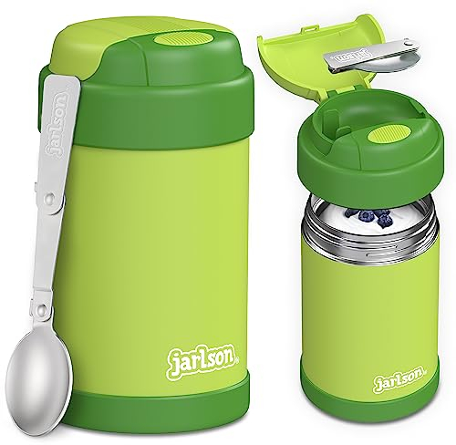 Jarlson® Thermobehälter Kinder YUMMY | Edelstahl Warmhaltebehälter Essen/Babybrei | Müslibecher to go mit Löffel | Joghurtbecher | Essensbehälter | Thermobecher | Wärmebehälter (450 ml, Grün)