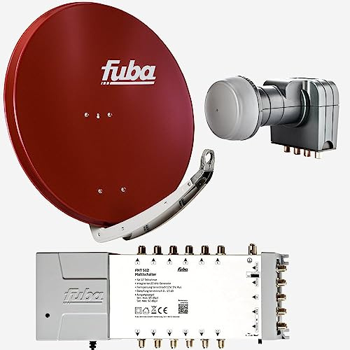 Fuba Sat Anlage 12 Teilnehmer | Satellitenschüssel Komplettset - DAA 850 R Alu Sat-Schüssel 85cm rot + Fuba Quattro LNB + Fuba FMT512 Sat Multischalter 12 Teilnehmer (DVB-S2, HDTV, UHD 4K/8K)