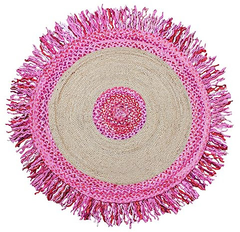 CASAVANI Natural Collection Teppich, rund, 90 x 90 cm, rosa und beige, Chindi, Baumwolle und Jute, ideal für stark frequentierte Bereiche im Schlafzimmer, Esszimmer, Terrasse, Yogamatte und Küche