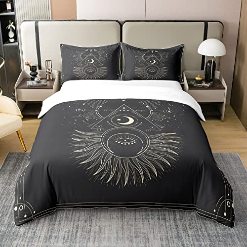 100% Natürliche Baumwolle Exotische Sonne und Mond Bettbezug,Sternenhimmel Bettwäsche Set,Galaxy Sterne Tröster Bezug,Geometrische Indische Stil Bett Sets mit 2 Kissenbezüge Schlafzimmer Dekor,200x200