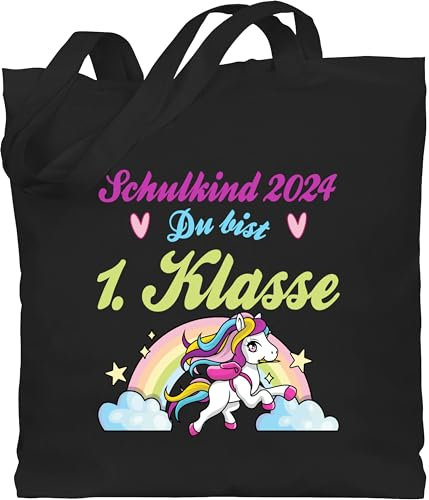 Baumwolltasche - Schulanfang & Einschulung Geschenk Turnbeutel - Schulkind 2024 - du bist 1. Klasse Pferd und Regenbogen - Unisize - Schwarz - schultasche jungen dino schulanfänger 1.klasse