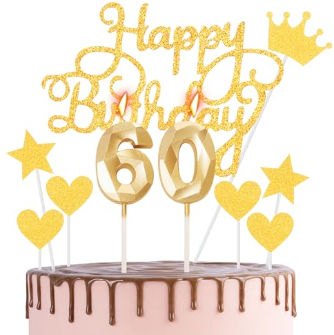 HONGCI Happy 60th Birthday Cake Topper & Birthday Candles Gold Number 60 Candles for Birthday Cake - 60th Birthday Candles Cake Cupcake Topper Birthday Cake Decorations for Women Men Birthday Gold