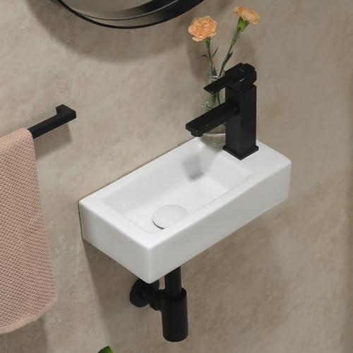 Wall-Mounted Small Vessel Sink - Vanity Sink White Ceramic Porcelain 14.6 x 7.3 x 3.55 - Bathroom Sink Rectangle with Single Faucet Hole Right Hand - Cloakroom Mini Art Basin
