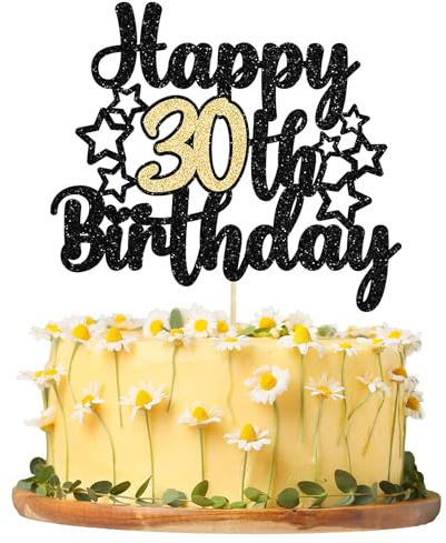 Gyufise 1Pc Happy 30th Birthday Cake Topper Black Gold Glitter Cheers to 30 Years Birthday Cake Pick 30 Fabulous Cake Decoration for Happy 30th Birthday Anniversary Party Cake Decorations Supplies
