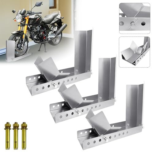 LARS360 Soporte para motocicleta, 3 unidades, ayuda de carga, carril para motocicleta, soporte para rueda delantera, soporte de montaje para motocicleta con 3 orificios para pernos de anclaje