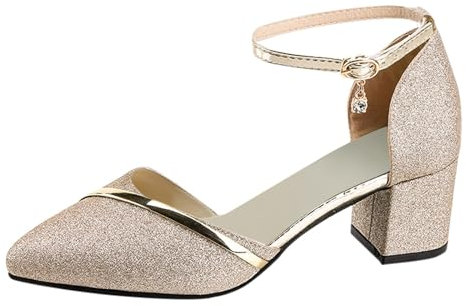 IQYU Sandali da Donna Con Tacco Basso, Altezza Media, Quadrato, Cinturino Alla Caviglia, Scarpe a Punta Larga per Ufficio, Gold, 39 EU