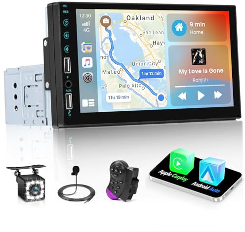 Hikity 1 DIN Autoradio sans Fil CarPlay Android Auto avec 7 Écran Tactile Poste Radio Voiture Bluetooth Lien Miroir pour iOS/Android FM Radio EQ AUX/2USB + Caméra de recul