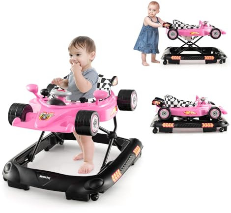 GOPLUS Trotteur Bébé Evolutif 4 en 1 Garçon Fille 6+ Mois, Trotteur Marche Bebe Pliable avec 3 Hauteur Réglable, Lumières, Musique, Coussin de Siège Amovible, Anti-collision, Charge 12KG (Rose)