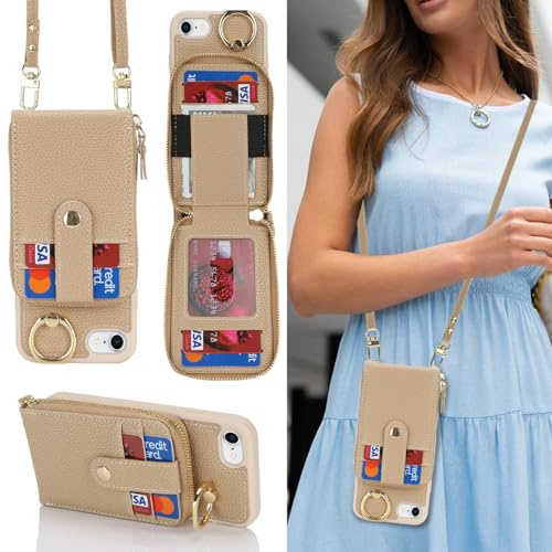 SailorTech iPhone 7/8 Hülle Ring-Ständer mit Kartenfach, iPhone 7/8/SE2/SE3 Handyhülle mit Verstellbarer Halskette, iPhone SE 2020/SE 2022 Handytasche mit Reißverschluss Geldbörse-Beige