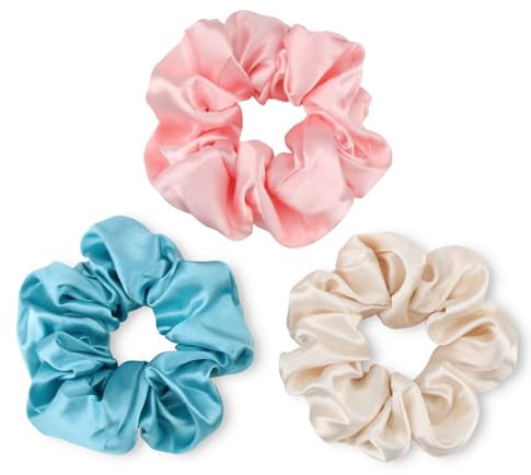 GlasFlength Scrunchies per Capelli Seta, 3 Pezzi Grande Elastici Capelli Donna Morbido Elegante Elastici per Capelli Stoffa Raso per Donne e Ragazze Accessorio (Rosa + Azzurro + Champagne)