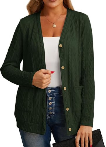 GRECERELLE Womens Cardigan Long Sleeve Lightweight Cardigans Button Down V Neck Ribbed Knit Outerwear Open Front Tops with Pocket for Ladies (Army Green, L)