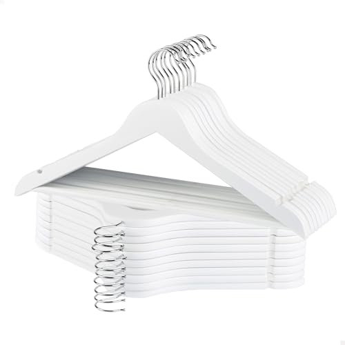 AKTIVE MAX Home Pack 20 Perchas de Madera, Color Blanco, Calidad A, 44,5x23 cm, Gancho Acero Giratorio 360º, Incorpora Muescas y Barra Inferior, para Pantalones, Trajes, Camisas, Chaquetas (16461)