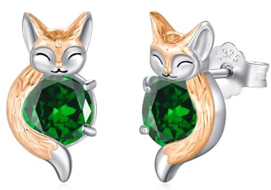 OHAYOO Fuchs Ohrringe Mädchen Silber 925 Geburtsstein Grün Damen Ohrstecker Tier Kinder Schmuck Geschenk für Damen Mädchen Tochter Schwester