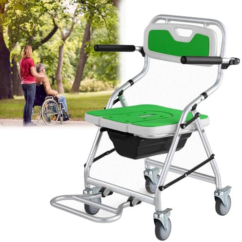 vanenferse Portable Commode On Wheels, Toilet Safety Frame with Arms, Shower Seats for Elderly Foldable with Back, Ergonomic Seat, Mobility & Daily Living Aids, Load Capacity 150kg