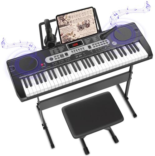 Klavier keyboard 61 Tasten, E-Piano Tastatur für Anfänger, Electronic Keyboards kinder, 200 Sounds & 3-stufiger Lehrmodus, mit Klavier Ständer, Hocker, LCD, Notenständer, MP3/USB MIDI (Schwarz)