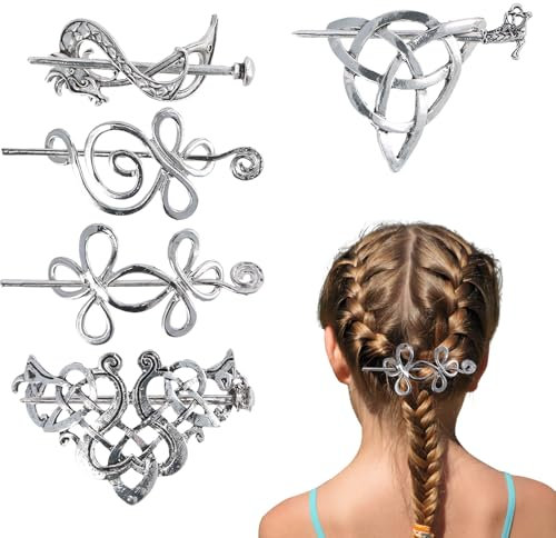 Amexo 5 Stück Keltische Wikinger-Haarspangen, Vintage Haarspange Haarnadeln Minimalistische Metallknoten-Haarstab Knoten Haarspange Retro-Haarschmuck für Mädchen Frauen (Silber)
