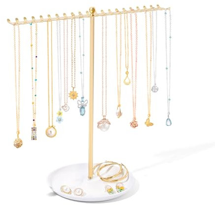 MOFASVIGI Necklace Jewellery Holder Stand,12 Tall Sturdy Gold Metal Necklace Hanger Organiser Jewellery Holder Display with Round Tray