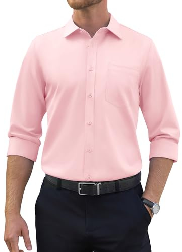 siliteelon Herren Hemden Langarm Bügelfrei Regular fit Oberhemden Rosa Unifarben Stretch Freizeithemden Businesshemd Anzug Hemd