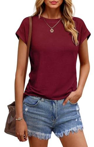 Wayleb T-Shirt Donna Leggera, Maglietta Monocromatica Elegante con Girocollo, Maglia Comoda per l’Estate – Vino Rosso XL